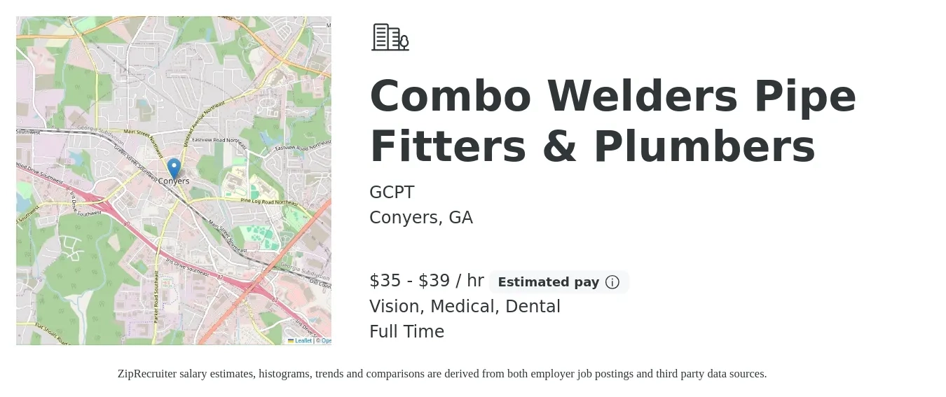 GCPT job posting for a Combo Welders Pipe Fitters & Plumbers in Conyers, GA with a salary of $37 to $42 Hourly and benefits including life_insurance, medical, retirement, vision, and dental with a map of Conyers location.