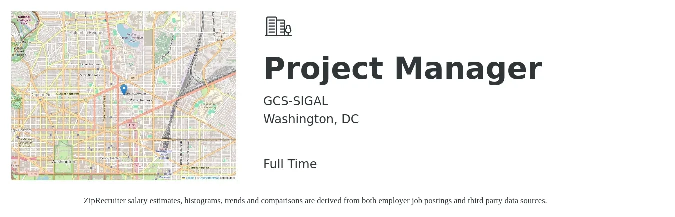 GCS-SIGAL job posting for a Project Manager in Washington, DC with a salary of $88,600 to $138,800 Yearly with a map of Washington location.