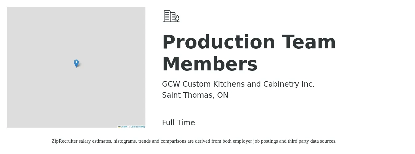 GCW Custom Kitchens and Cabinetry Inc. job posting for a Production Team Members in Saint Thomas, ON with a salary of $19 Hourly with a map of Saint Thomas location.
