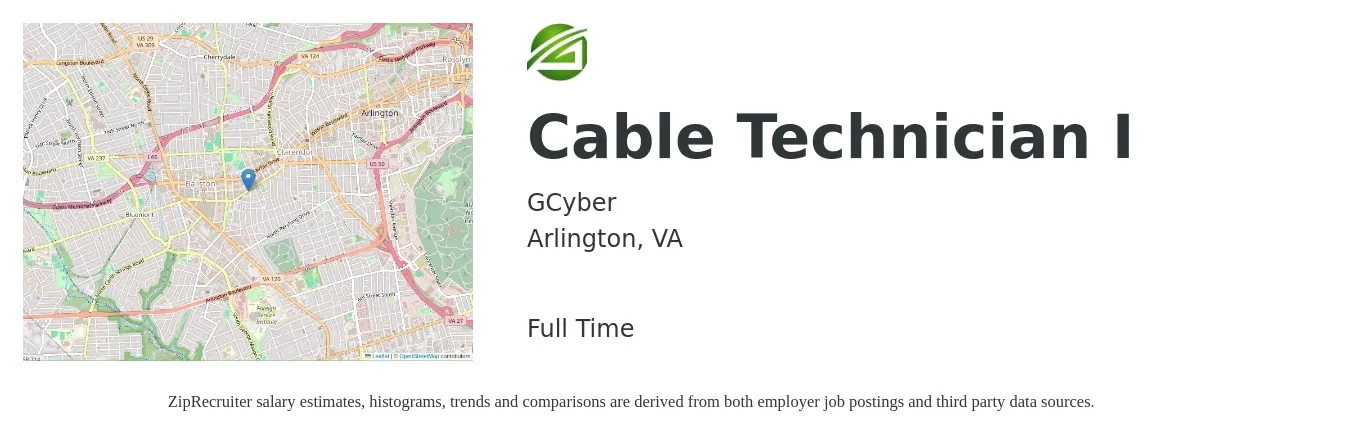 GCyber job posting for a Cable Technician I in Arlington, VA with a salary of $23 to $29 Hourly with a map of Arlington location.