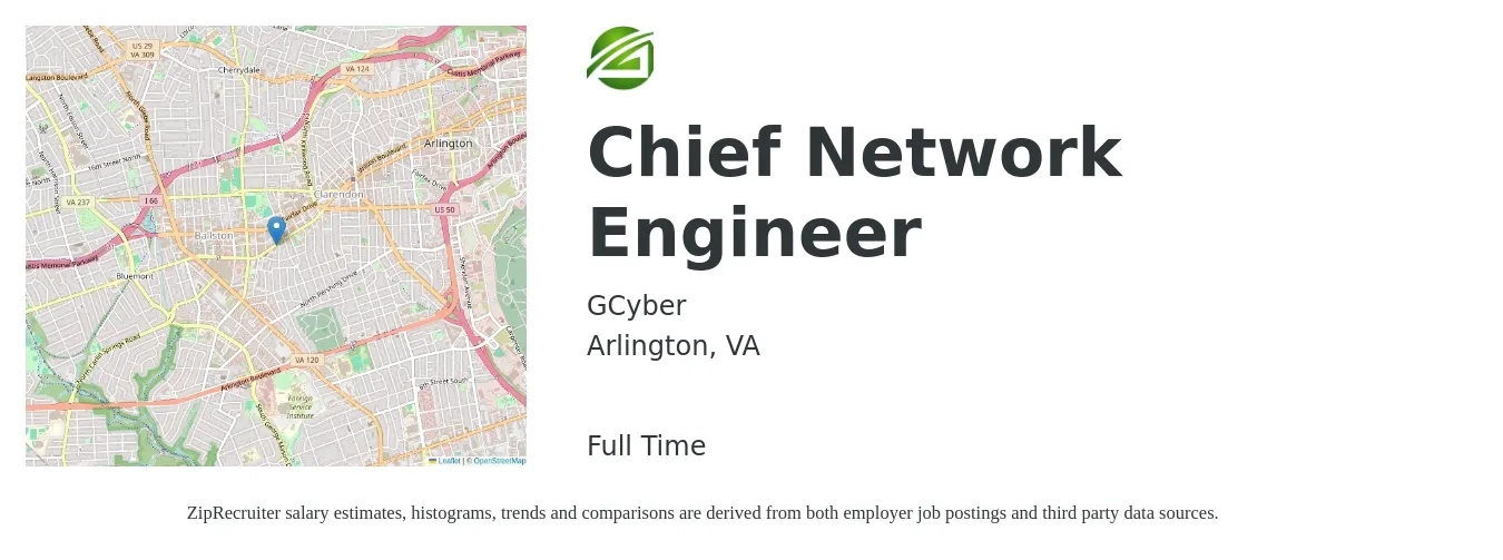 GCyber job posting for a Chief Network Engineer in Arlington, VA with a salary of $101,700 to $152,600 Yearly with a map of Arlington location.