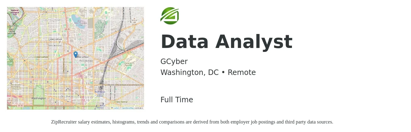 GCyber job posting for a Data Analyst in Washington, DC with a salary of $70,500 to $109,400 Yearly with a map of Washington location.