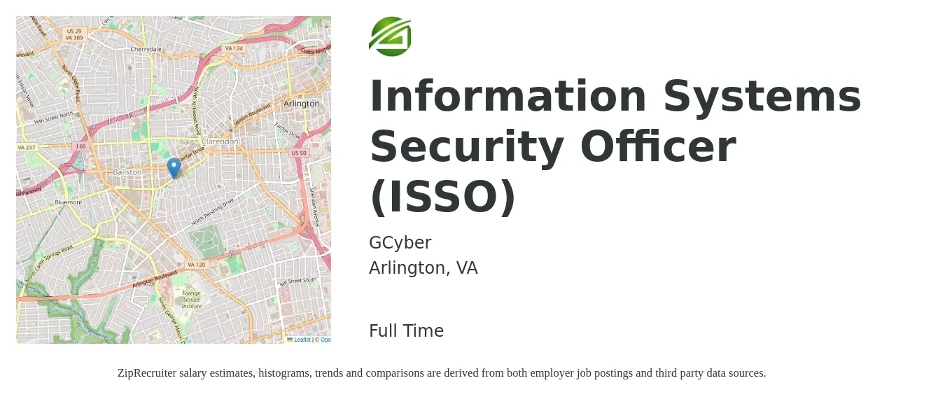 GCyber job posting for a Information Systems Security Officer (ISSO) in Arlington, VA with a salary of $109,500 to $159,000 Yearly with a map of Arlington location.
