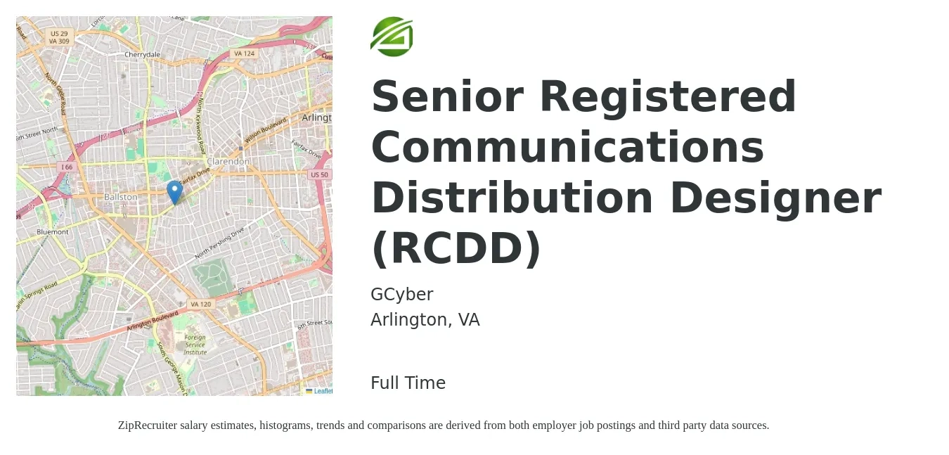 GCyber job posting for a Senior Registered Communications Distribution Designer (RCDD) in Arlington, VA with a salary of $81,700 to $114,300 Yearly with a map of Arlington location.