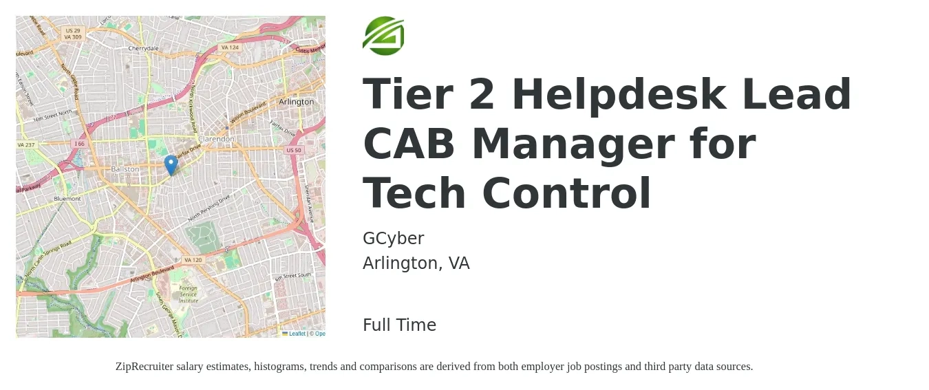 GCyber job posting for a Tier 2 Helpdesk Lead CAB Manager for Tech Control in Arlington, VA with a salary of $46,900 to $89,100 Yearly with a map of Arlington location.