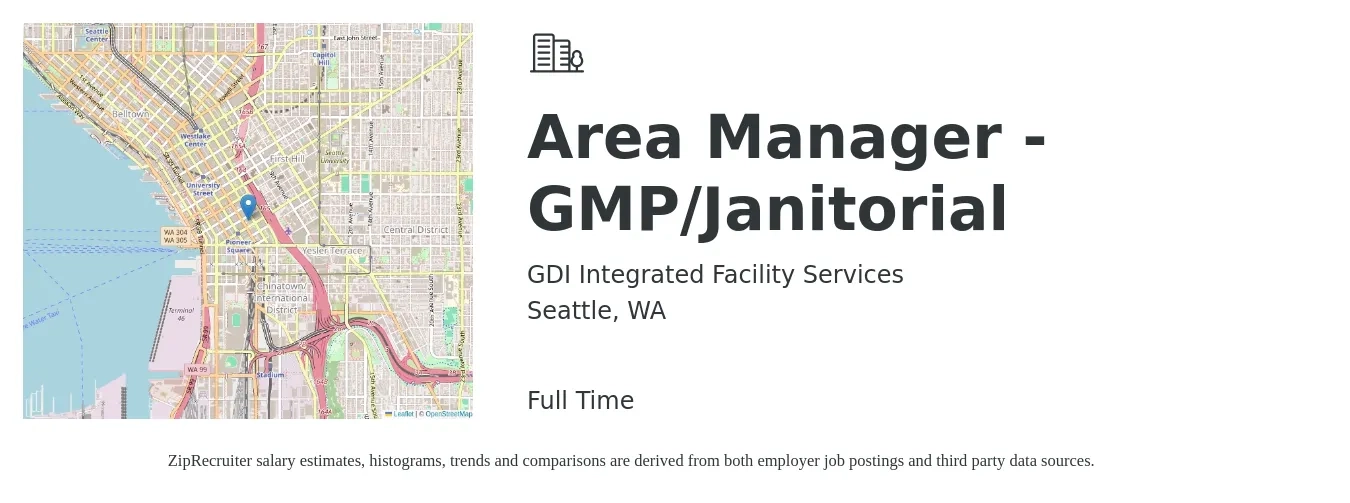 GDI Integrated Facility Services job posting for a Area Manager - GMP/Janitorial in Seattle, WA with a salary of $17 to $23 Hourly with a map of Seattle location.