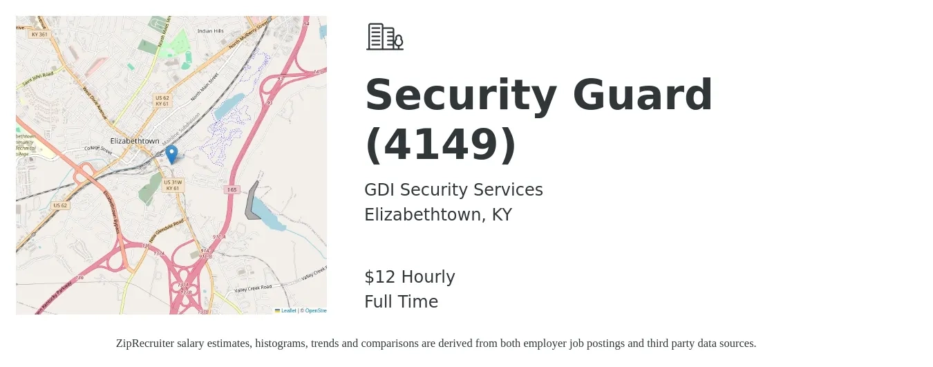 GDI Security Services job posting for a Security Guard (4149) in Elizabethtown, KY with a salary of $13 Hourly with a map of Elizabethtown location.