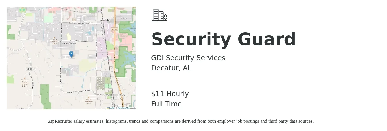 GDI Security Services job posting for a Security Guard in Decatur, AL with a salary of $12 Hourly with a map of Decatur location.