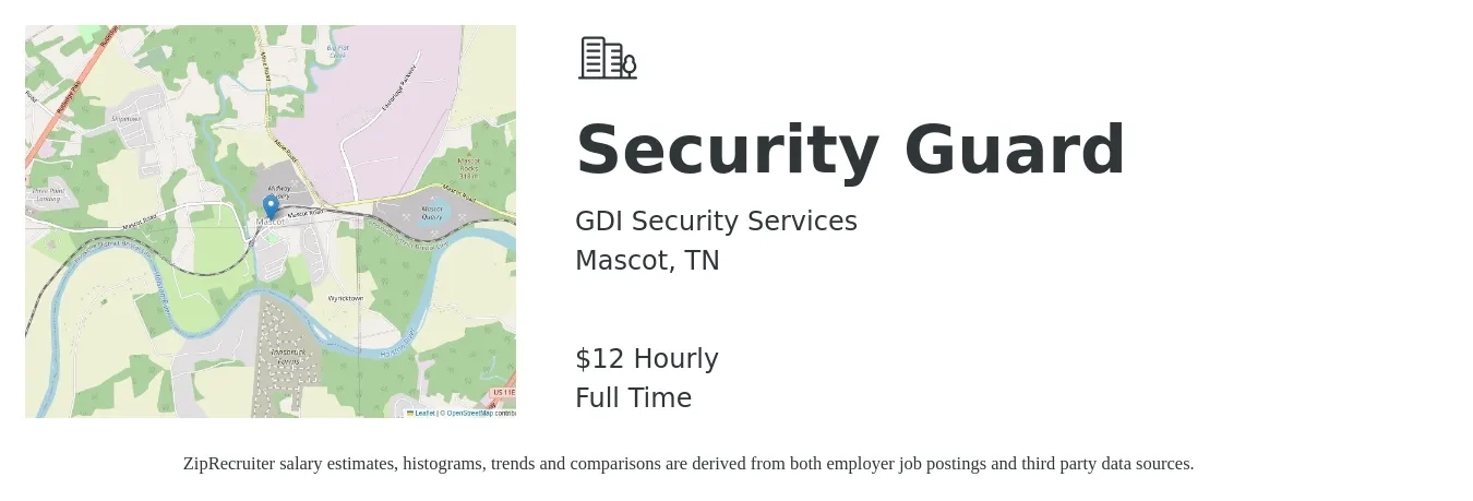 GDI Security Services job posting for a Security Guard in Mascot, TN with a salary of $14 Hourly with a map of Mascot location.