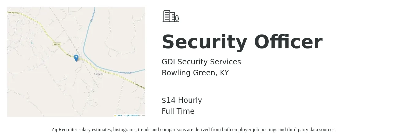 GDI Security Services job posting for a Security Officer in Bowling Green, KY with a salary of $16 to $18 Hourly with a map of Bowling Green location.