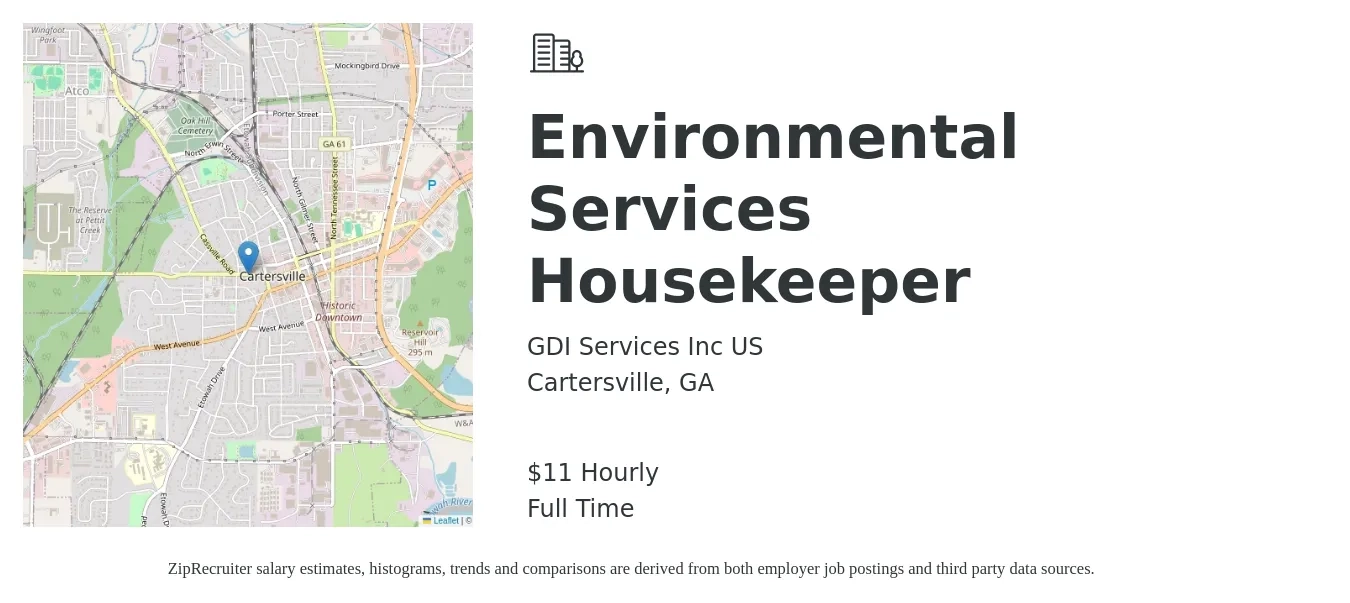 GDI Services Inc US job posting for a Environmental Services Housekeeper in Cartersville, GA with a salary of $12 Hourly with a map of Cartersville location.