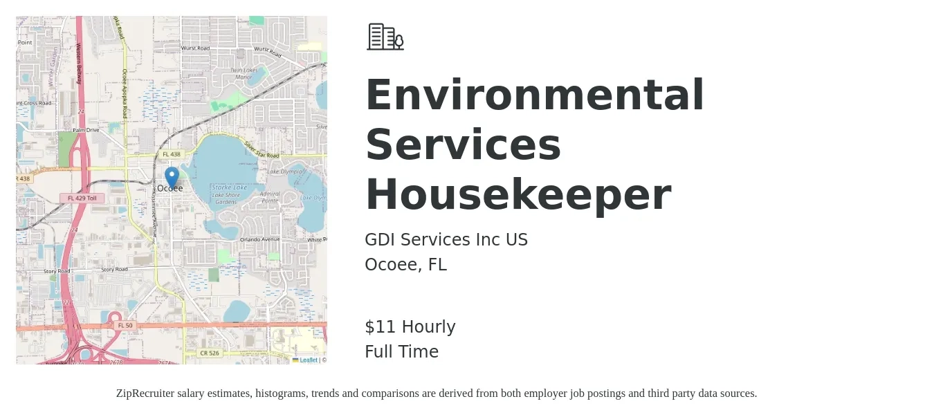GDI Services Inc US job posting for a Environmental Services Housekeeper in Ocoee, FL with a salary of $12 Hourly with a map of Ocoee location.