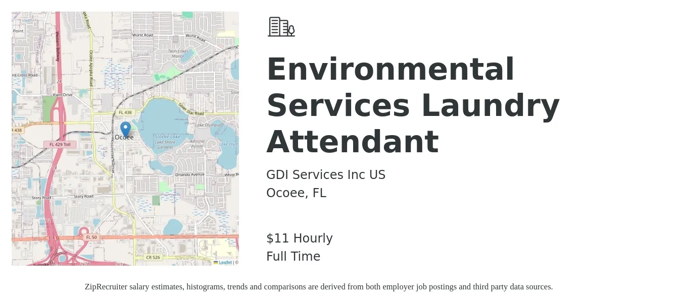 GDI Services Inc US job posting for a Environmental Services Laundry Attendant in Ocoee, FL with a salary of $12 Hourly with a map of Ocoee location.