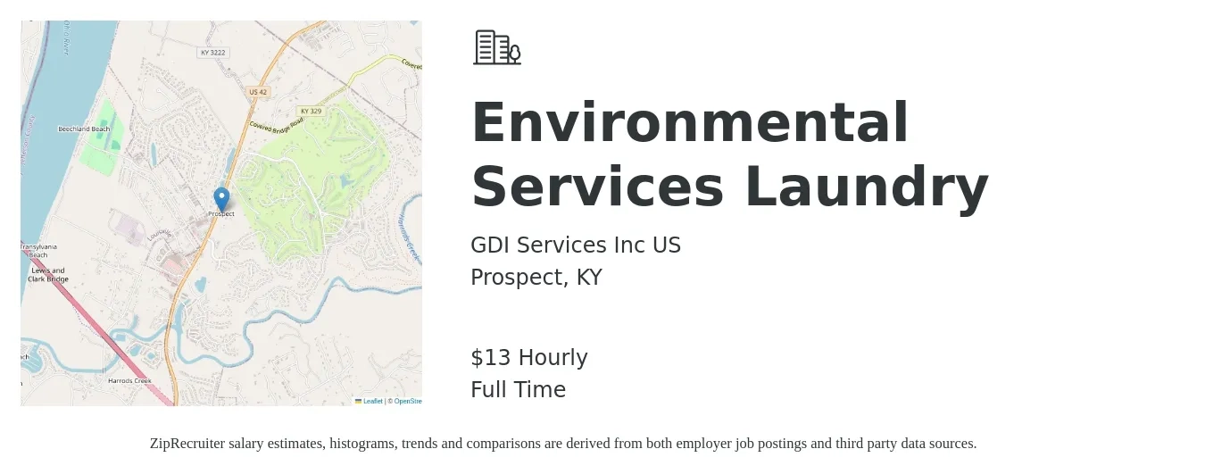 GDI Services Inc US job posting for a Environmental Services Laundry in Prospect, KY with a salary of $14 Hourly with a map of Prospect location.
