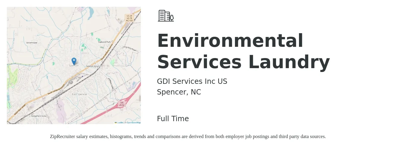 GDI Services Inc US job posting for a Environmental Services Laundry in Spencer, NC with a salary of $14 to $18 Hourly with a map of Spencer location.