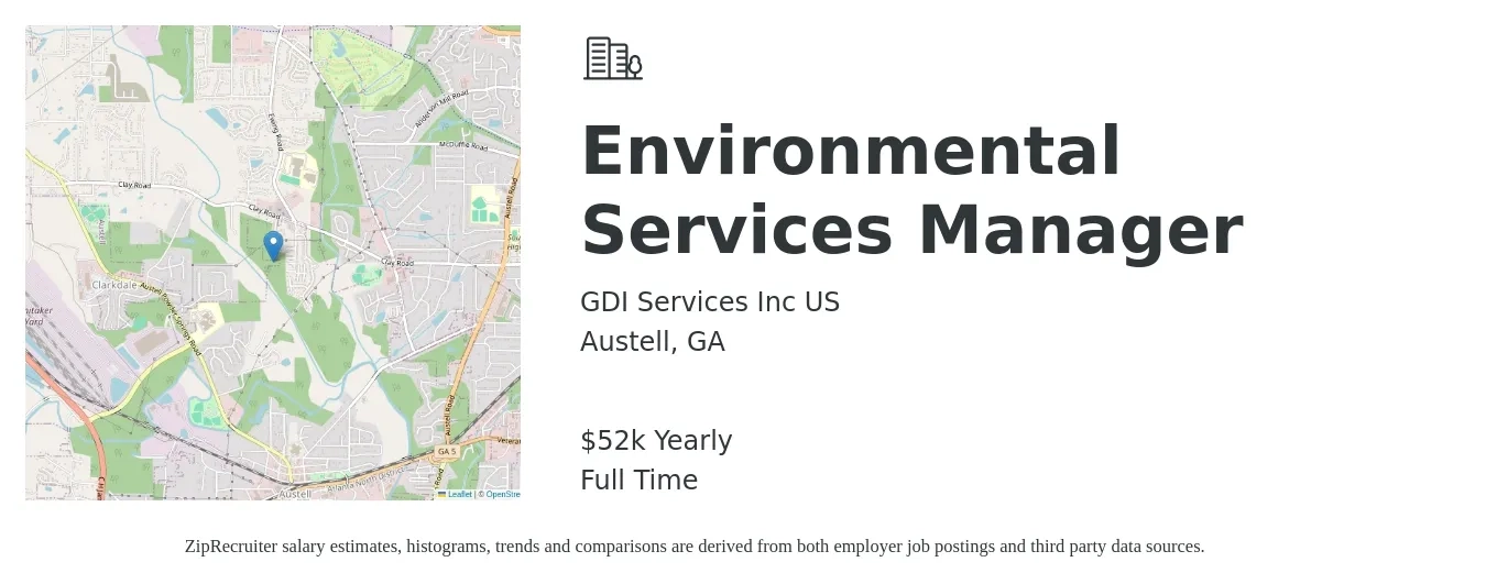 GDI Services Inc US job posting for a Environmental Services Manager in Austell, GA with a salary of $52,000 Yearly with a map of Austell location.