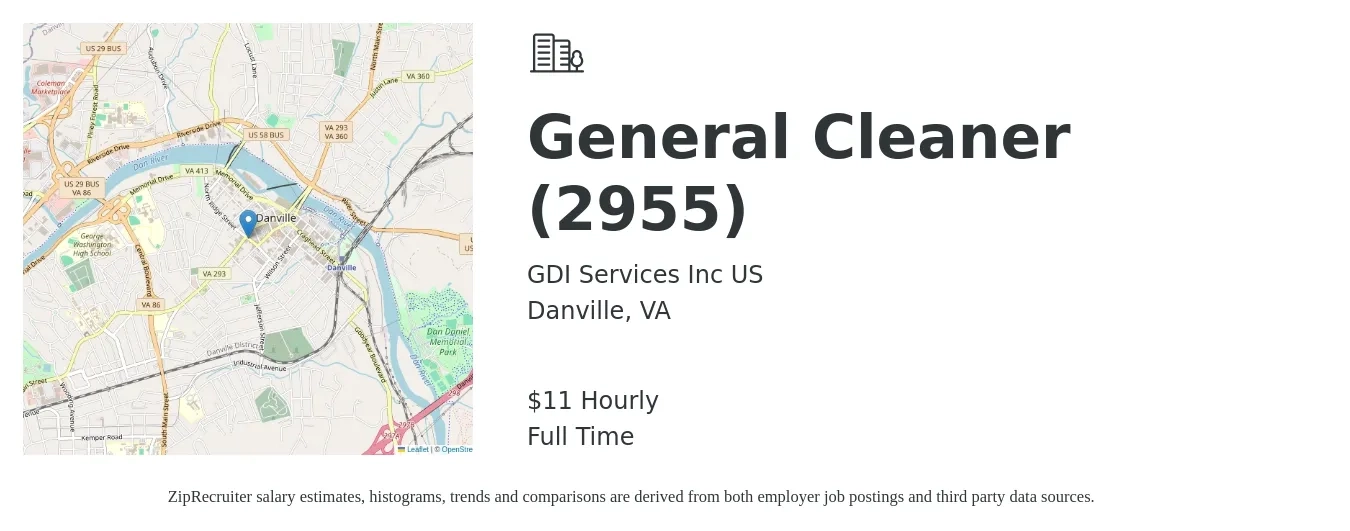 GDI Services Inc US job posting for a General Cleaner (2955) in Danville, VA with a salary of $12 Hourly with a map of Danville location.