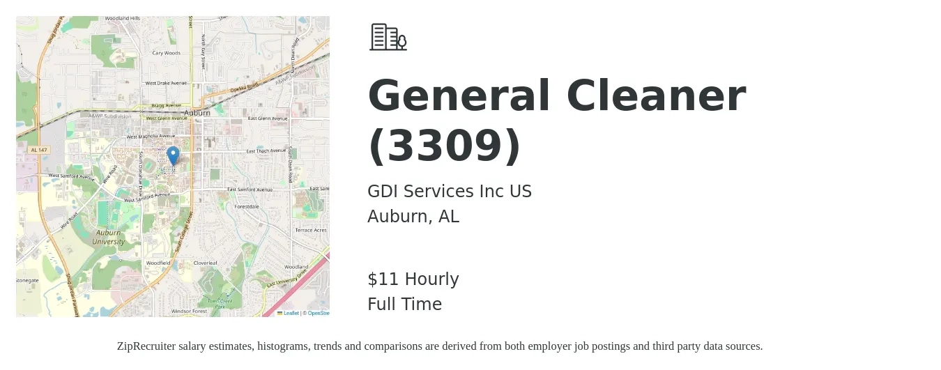 GDI Services Inc US job posting for a General Cleaner (3309) in Auburn, AL with a salary of $12 Hourly with a map of Auburn location.