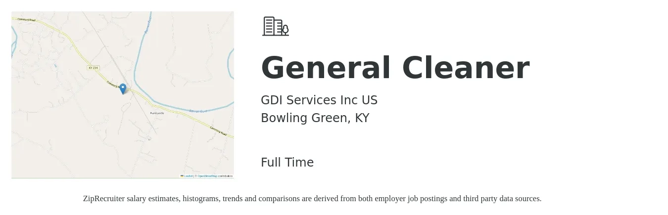 GDI Services Inc US job posting for a General Cleaner in Bowling Green, KY with a salary of $14 to $16 Hourly with a map of Bowling Green location.