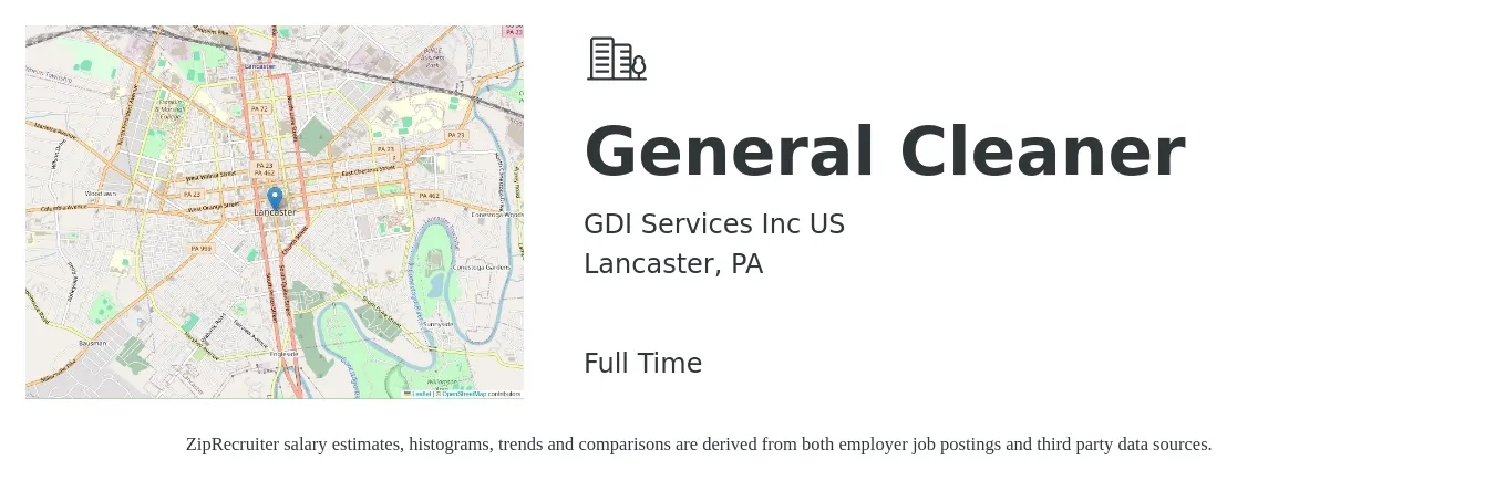 GDI Services Inc US job posting for a General Cleaner in Lancaster, PA with a salary of $14 to $16 Hourly with a map of Lancaster location.