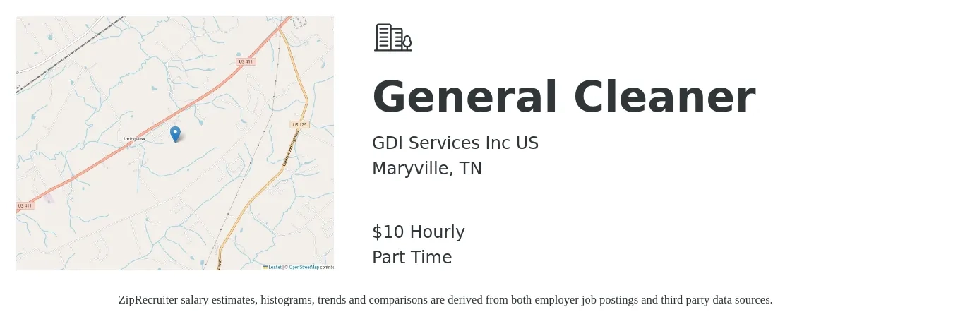 GDI Services Inc US job posting for a General Cleaner in Maryville, TN with a salary of $11 Hourly with a map of Maryville location.