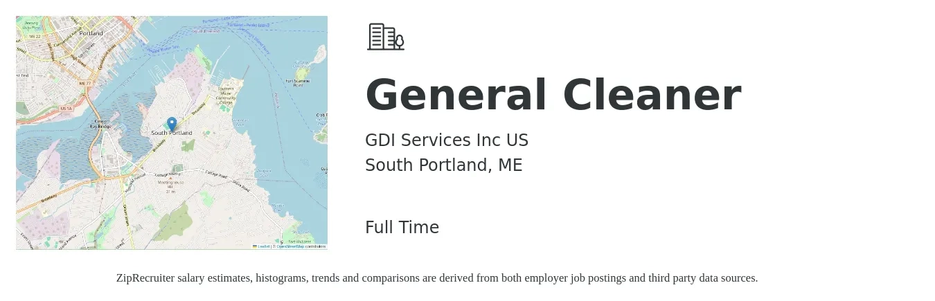 GDI Services Inc US job posting for a General Cleaner in South Portland, ME with a salary of $14 to $17 Hourly with a map of South Portland location.
