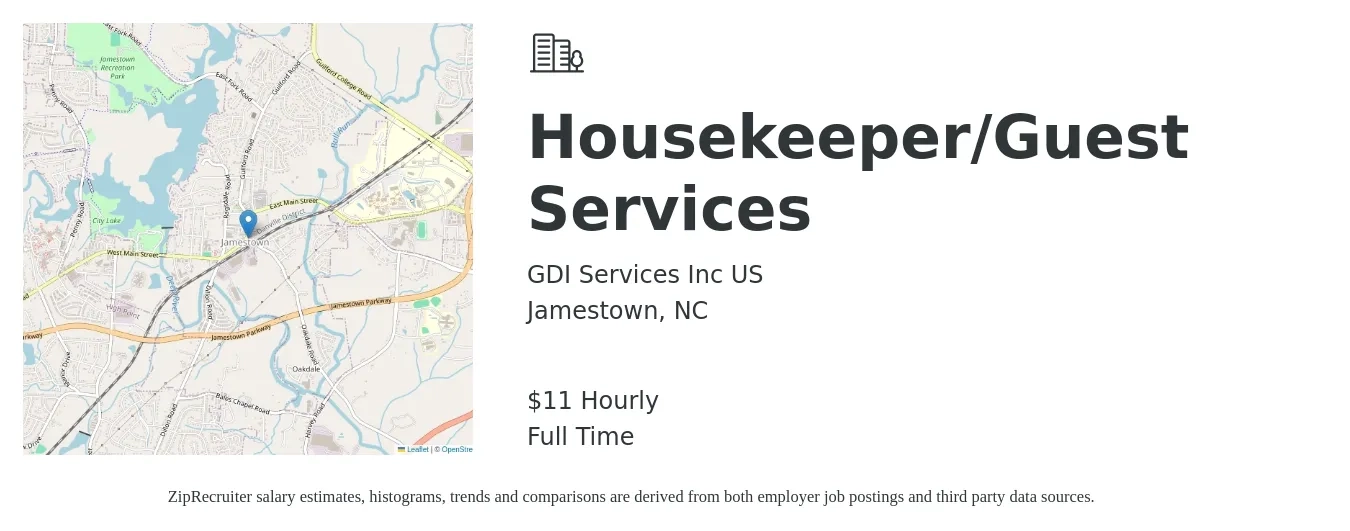 GDI Services Inc US job posting for a Housekeeper/Guest Services in Jamestown, NC with a salary of $12 Hourly with a map of Jamestown location.