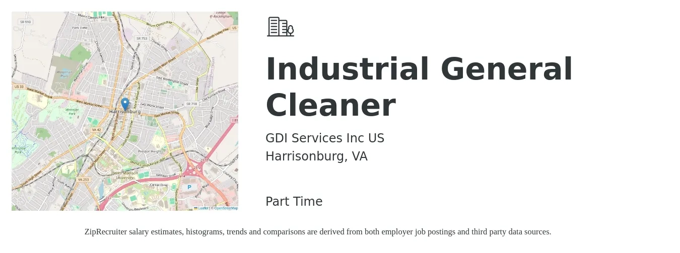 GDI Services Inc US job posting for a Industrial General Cleaner in Harrisonburg, VA with a salary of $13 to $16 Hourly with a map of Harrisonburg location.