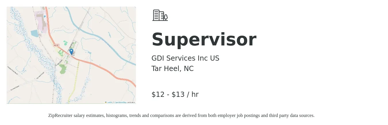 GDI Services Inc US job posting for a Supervisor in Tar Heel, NC with a salary of $13 to $14 Hourly with a map of Tar Heel location.