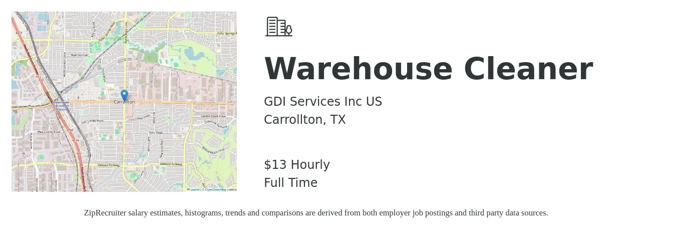 GDI Services Inc US job posting for a Warehouse Cleaner in Carrollton, TX with a salary of $14 Hourly with a map of Carrollton location.
