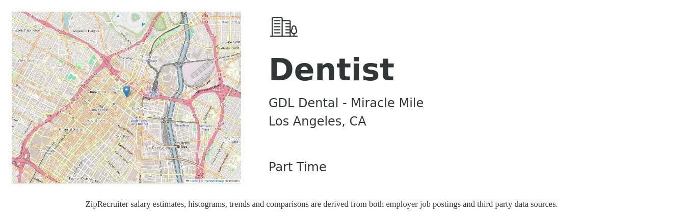 GDL Dental - Miracle Mile job posting for a Dentist in Los Angeles, CA with a salary of $500 to $800 Daily with a map of Los Angeles location.