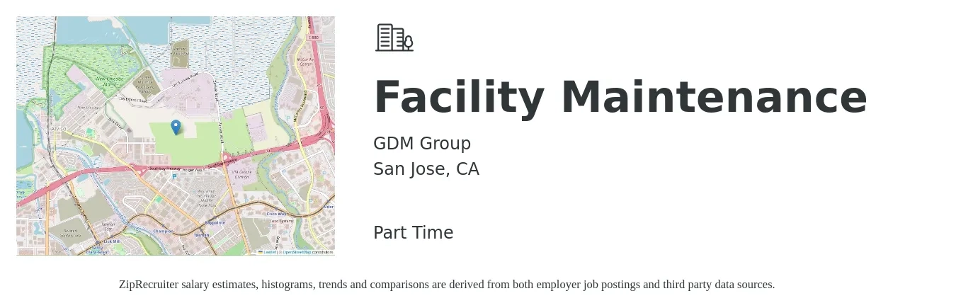 GDM Group job posting for a Facility Maintenance in San Jose, CA with a salary of $20 to $29 Hourly with a map of San Jose location.