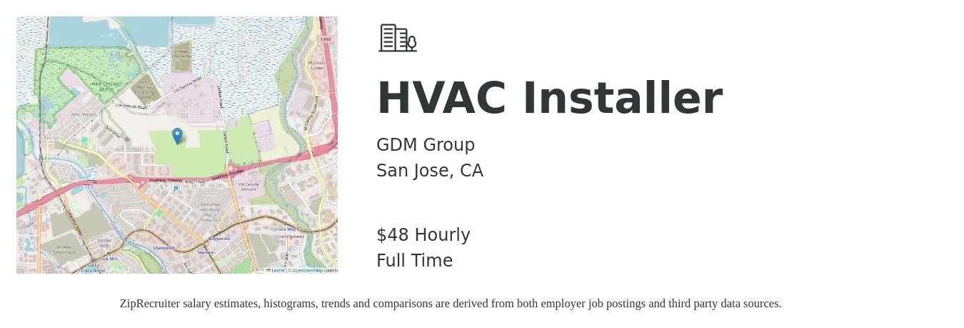 GDM Group job posting for a HVAC Installer in San Jose, CA with a salary of $50 Hourly with a map of San Jose location.
