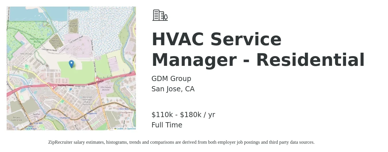 GDM Group job posting for a HVAC Service Manager - Residential in San Jose, CA with a salary of $110,000 to $180,000 Yearly with a map of San Jose location.