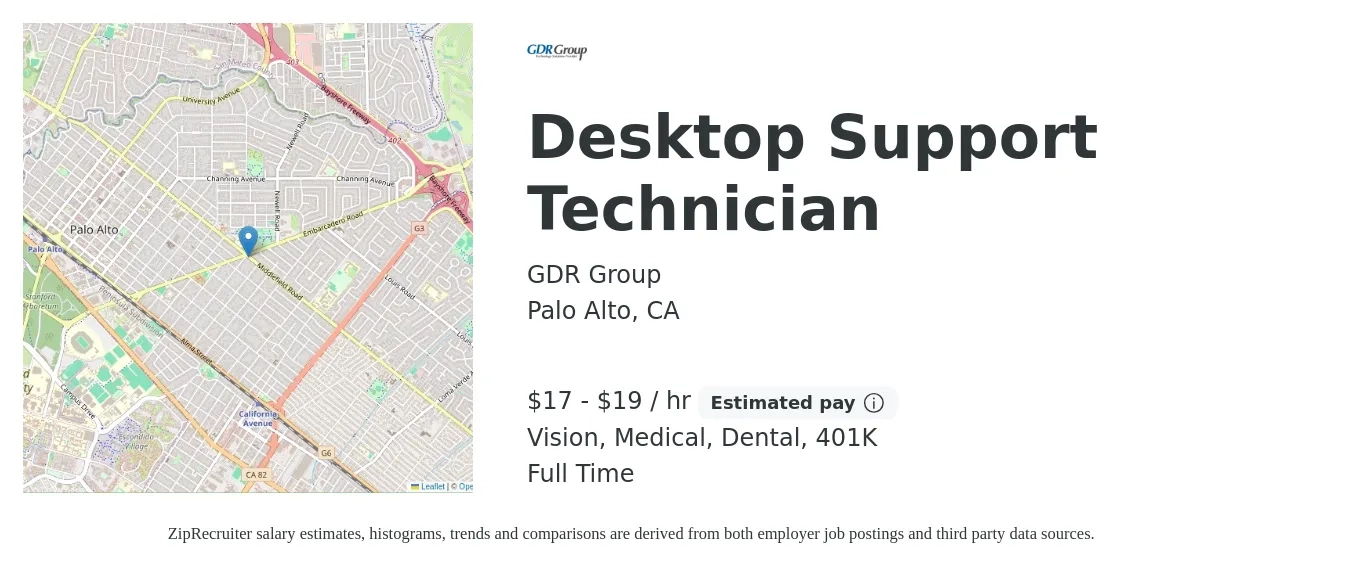 GDR Group job posting for a Desktop Support Technician in Palo Alto, CA with a salary of $18 to $20 Hourly and benefits including dental, life_insurance, medical, vision, and 401k with a map of Palo Alto location.