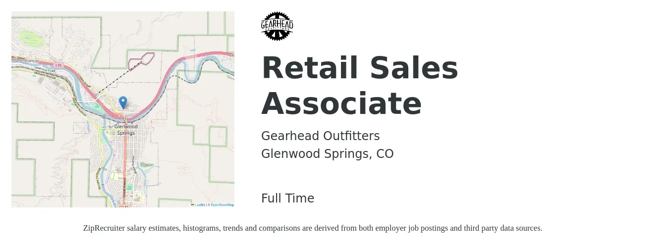 Gearhead Outfitters job posting for a Retail Sales Associate in Glenwood Springs, CO with a salary of $16 to $18 Hourly with a map of Glenwood Springs location.
