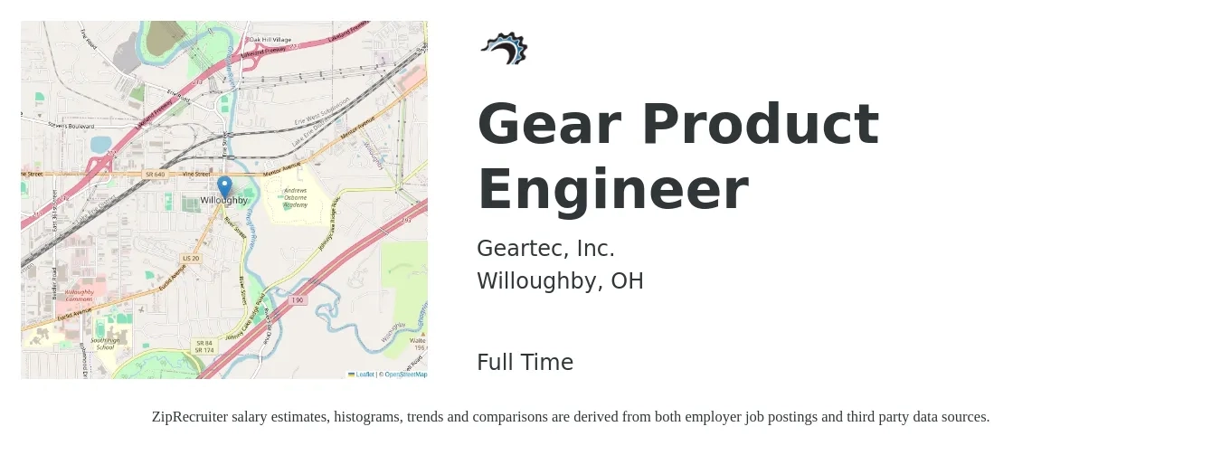 Geartec, Inc. job posting for a Gear Product Engineer in Willoughby, OH with a salary of $81,900 to $190,700 Yearly with a map of Willoughby location.