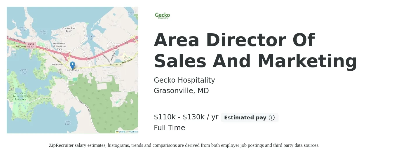 Gecko Hospitality job posting for a Area Director Of Sales And Marketing in Grasonville, MD with a salary of $110,000 to $130,000 Yearly with a map of Grasonville location.