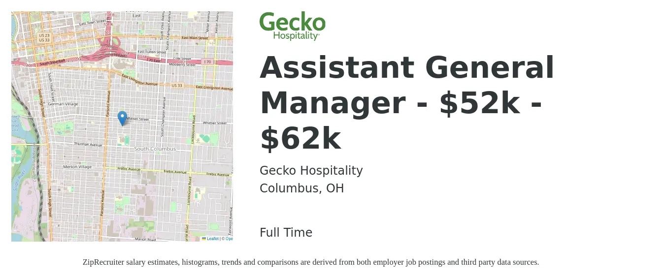 Gecko Hospitality job posting for a Assistant General Manager - $52k - $62k in Columbus, OH with a salary of $52,000 to $62,000 Yearly with a map of Columbus location.