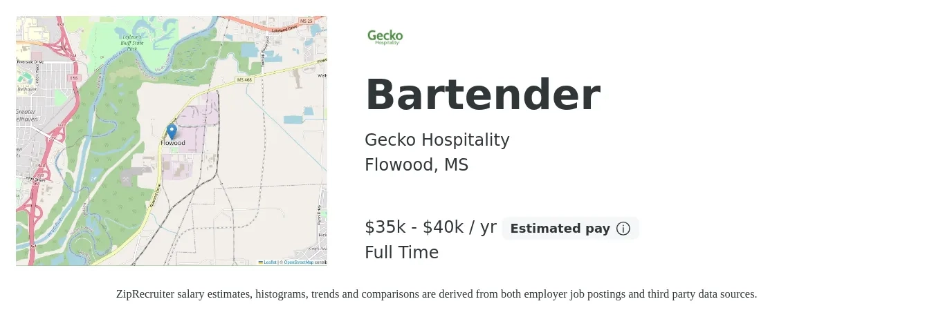 Gecko Hospitality job posting for a Bartender in Flowood, MS with a salary of $35,000 to $40,000 Yearly with a map of Flowood location.