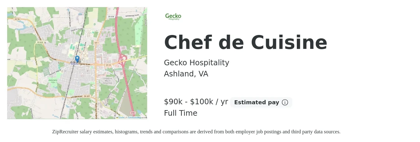 Gecko Hospitality job posting for a Chef de Cuisine in Ashland, VA with a salary of $90,000 to $100,000 Yearly with a map of Ashland location.