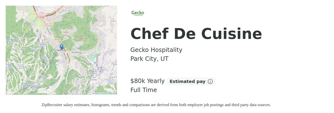 Gecko Hospitality job posting for a Chef De Cuisine in Park City, UT with a salary of $80,000 Yearly with a map of Park City location.