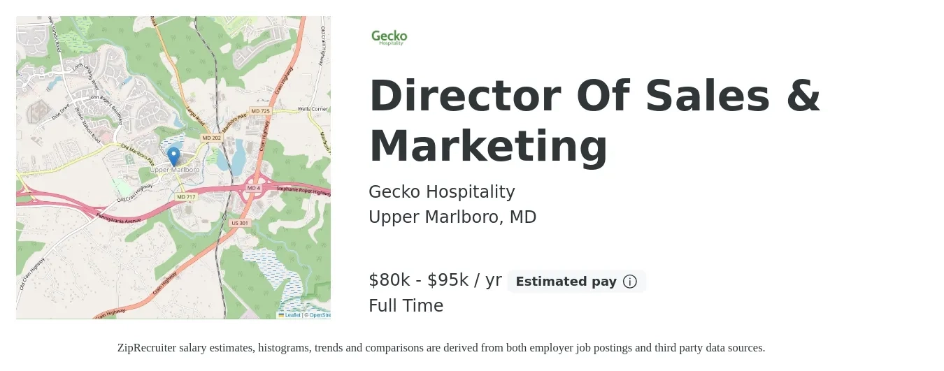Gecko Hospitality job posting for a Director Of Sales & Marketing in Upper Marlboro, MD with a salary of $80,000 to $95,000 Yearly with a map of Upper Marlboro location.