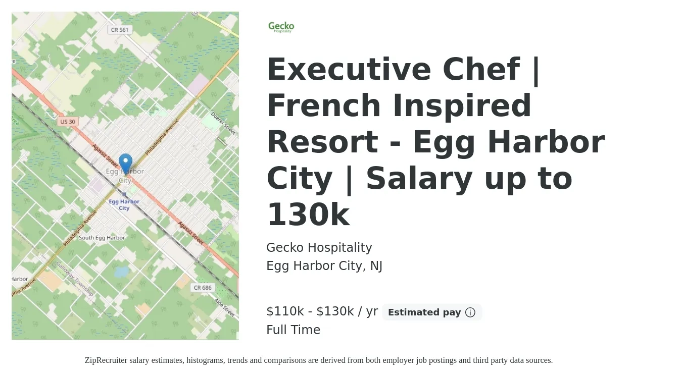 Gecko Hospitality job posting for a Executive Chef | French Inspired Resort - Egg Harbor City | Salary up to 130k in Egg Harbor City, NJ with a salary of $110,000 to $130,000 Yearly with a map of Egg Harbor City location.
