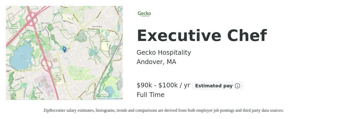 Gecko Hospitality job posting for a Executive Chef in Andover, MA with a salary of $90,000 to $100,000 Yearly with a map of Andover location.