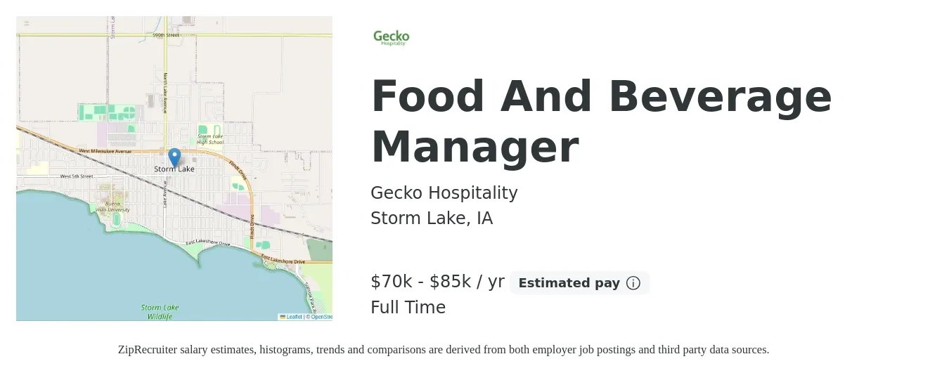 Gecko Hospitality job posting for a Food And Beverage Manager in Storm Lake, IA with a salary of $55,000 to $60,000 Yearly with a map of Storm Lake location.