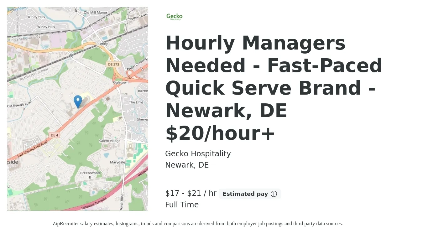 Gecko Hospitality job posting for a Hourly Managers Needed - Fast-Paced Quick Serve Brand - Newark, DE $20/hour+ in Newark, DE with a salary of $18 to $22 Hourly with a map of Newark location.