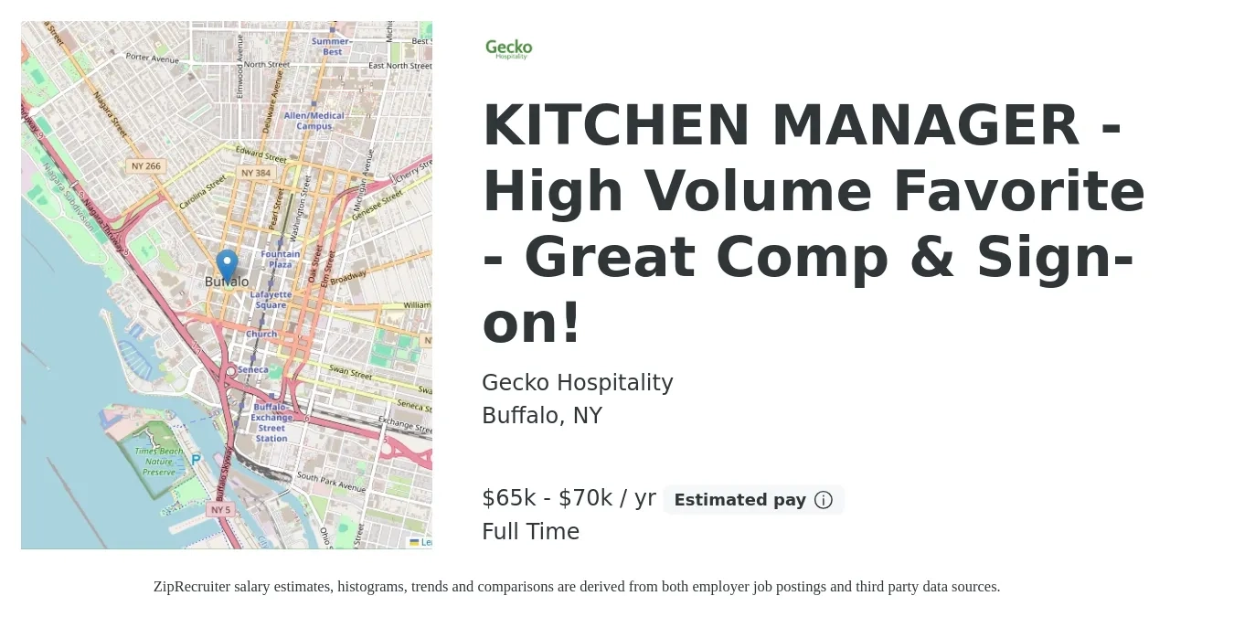 Gecko Hospitality job posting for a KITCHEN MANAGER - High Volume Favorite - Great Comp & Sign-on! in Buffalo, NY with a salary of $65,000 to $70,000 Yearly with a map of Buffalo location.