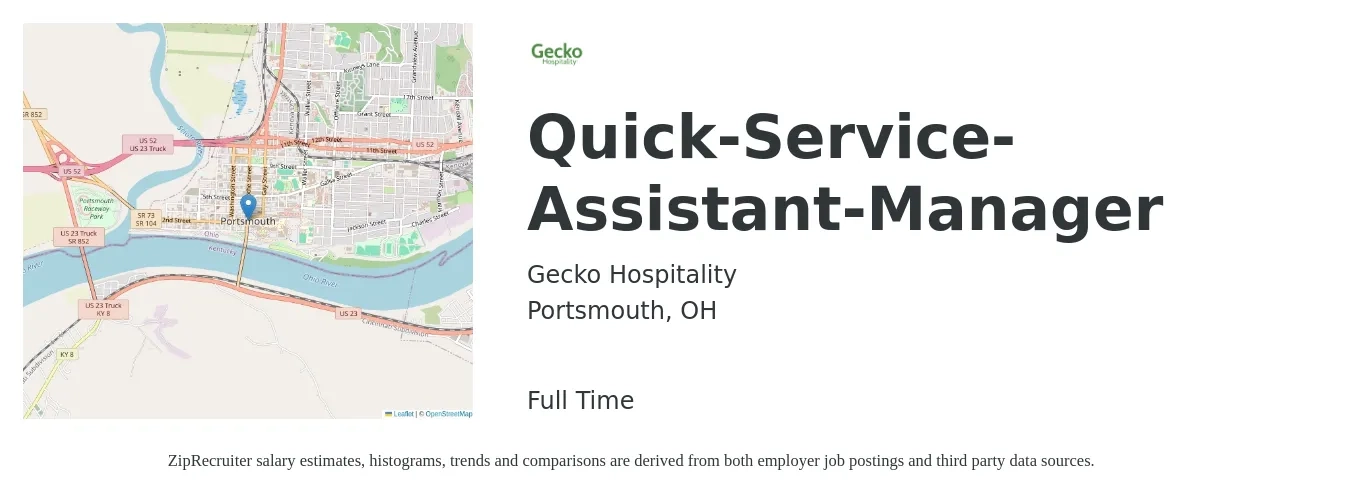 Gecko Hospitality job posting for a Quick-Service-Assistant-Manager in Portsmouth, OH with a salary of $14 to $20 Hourly with a map of Portsmouth location.
