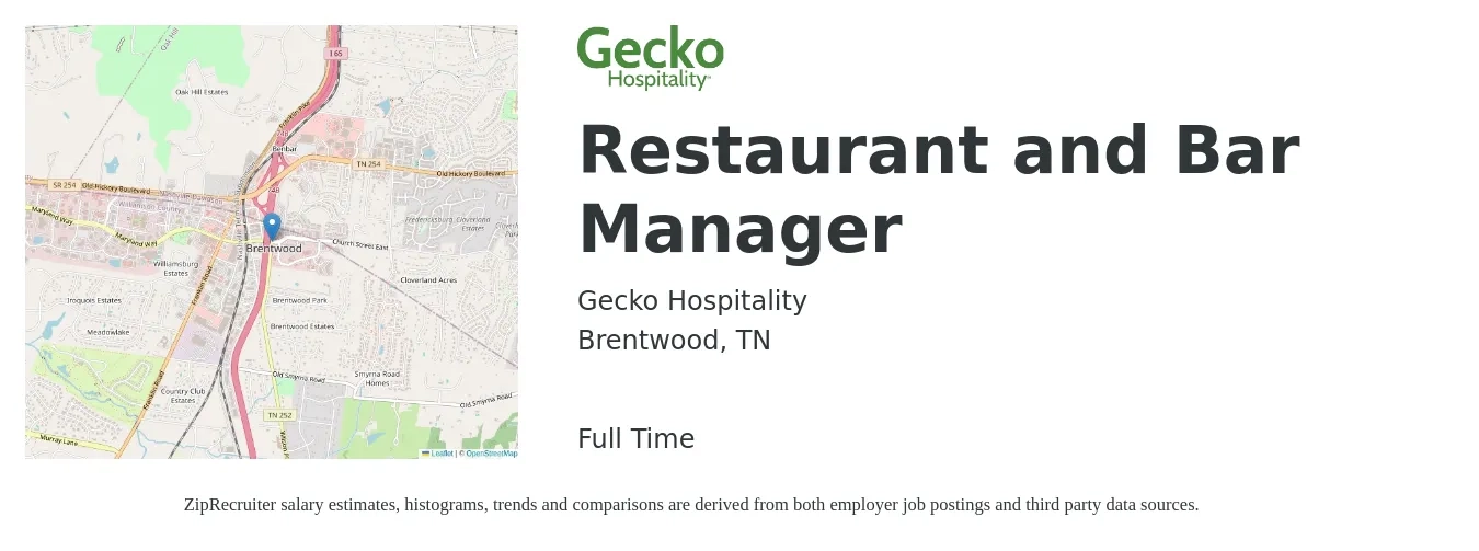 Gecko Hospitality job posting for a Restaurant and Bar Manager in Brentwood, TN with a salary of $51,100 to $69,100 Yearly with a map of Brentwood location.